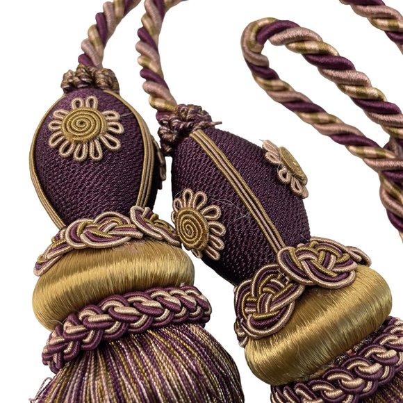 Large Curtain Tieback Fringe Tassel Hollywood Regency 11in Burgundy Gold Set u 0 - Picture 8 of 8